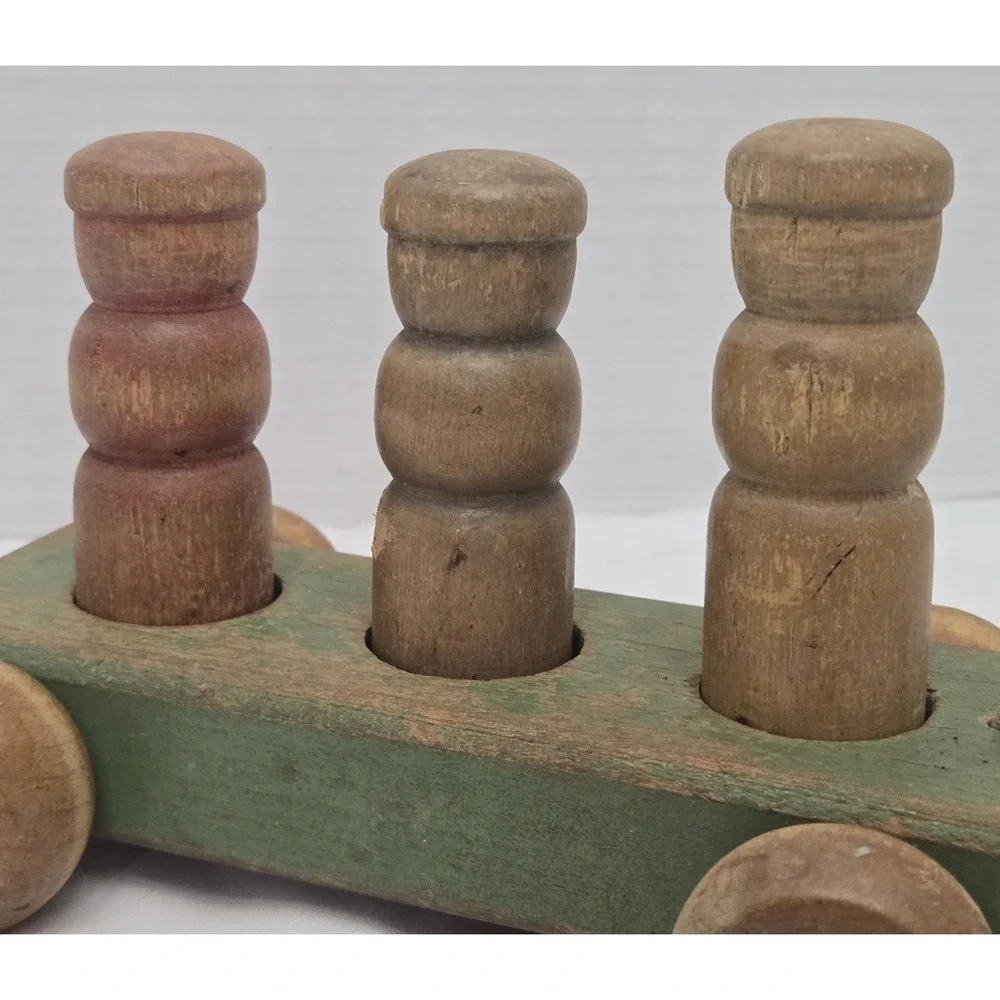 Holgate Wooden Pull Toy with 3 People Pegs, Vintage Kids Learning Original Paint